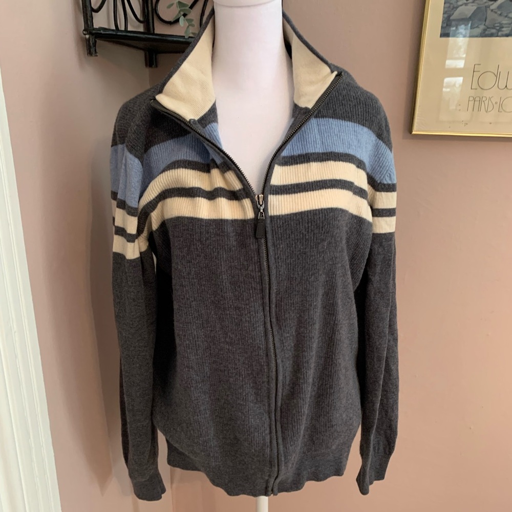 Murano Charcoal Zip-Up Sweater with Blue and Cream Stripes merino wool XL Scandi